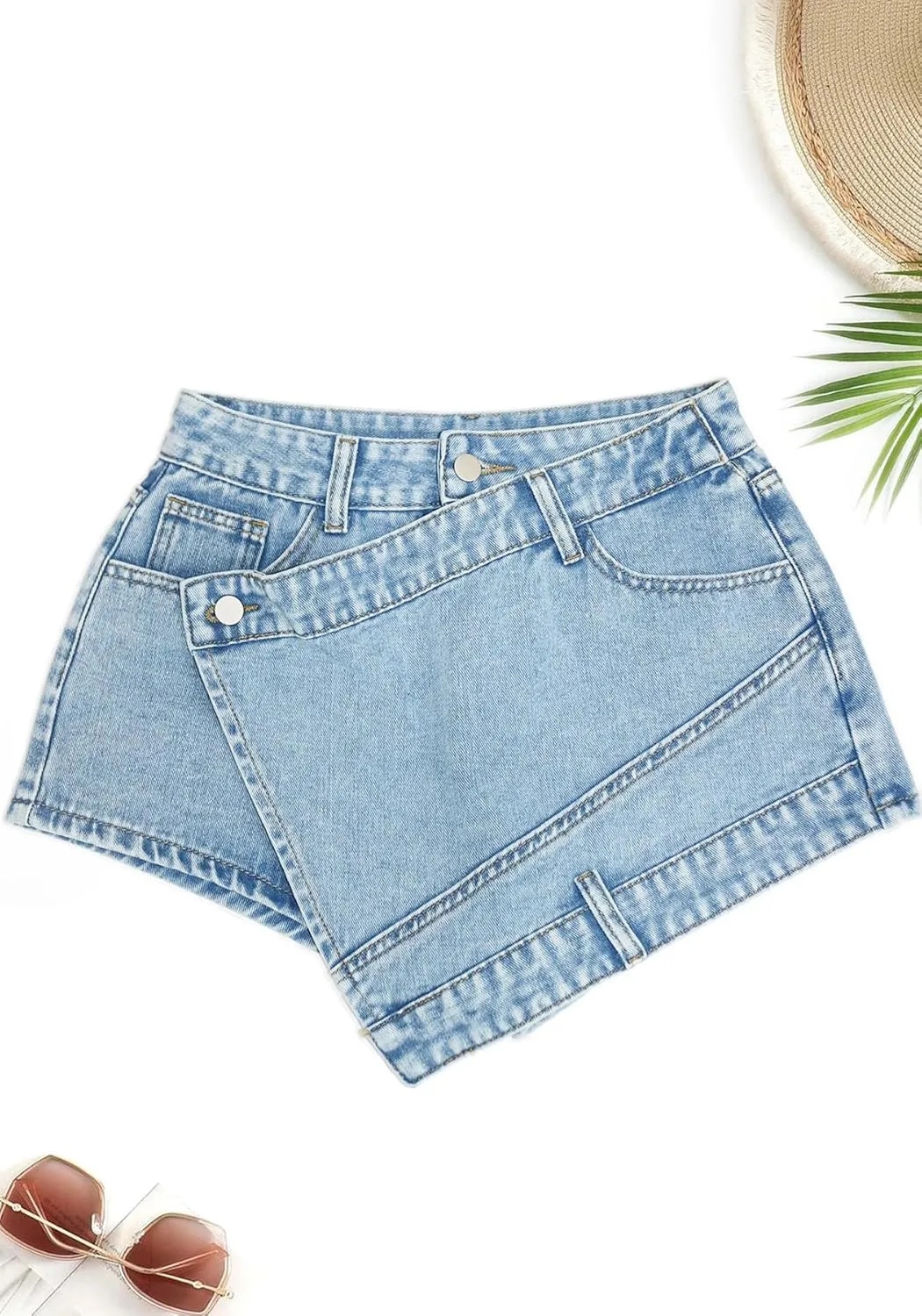 Womens Mini Denim Wrap Skirt Casual High Waisted Short Cargo Skirts with Pockets