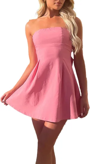 Women's Mini Dresses A Line Summer Square Neck Short Bow Tie Dresses 2025 Cute Club Party