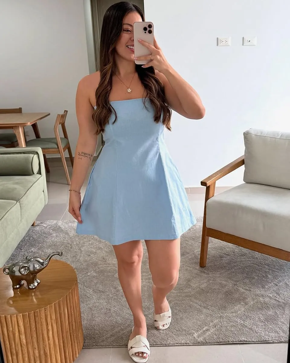 Women's Mini Dresses A Line Summer Square Neck Short Bow Tie Dresses 2025 Cute Club Party