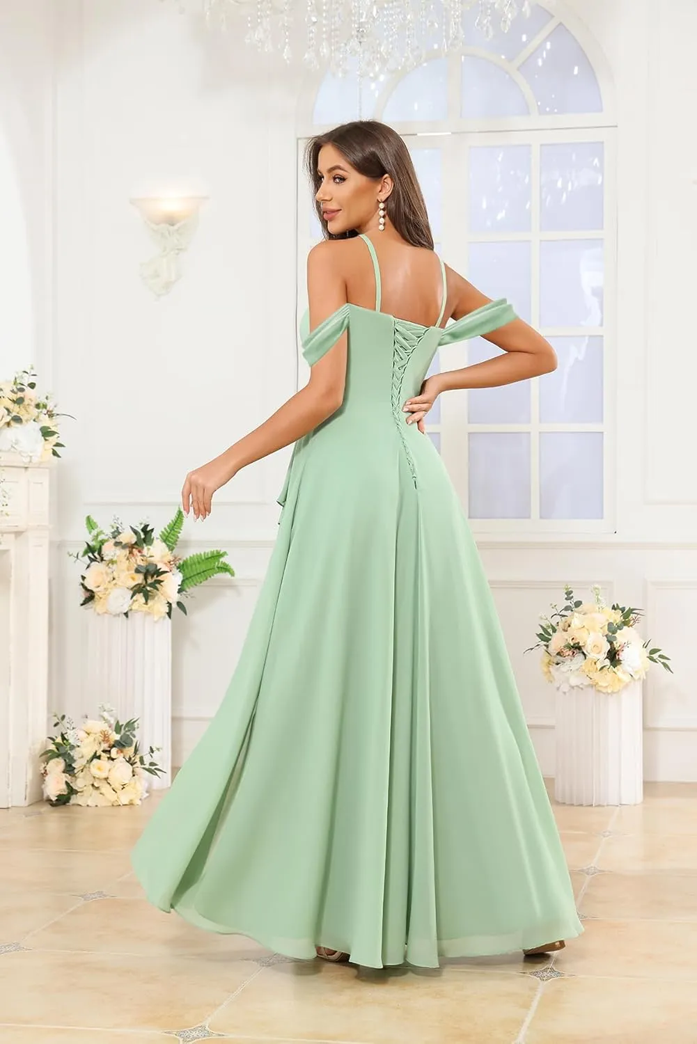 Women's Off The Shoulder Bridesmaid Dress with Slit Ruffle Chiffon Long Formal Wedding Guest Dress Evening Gown