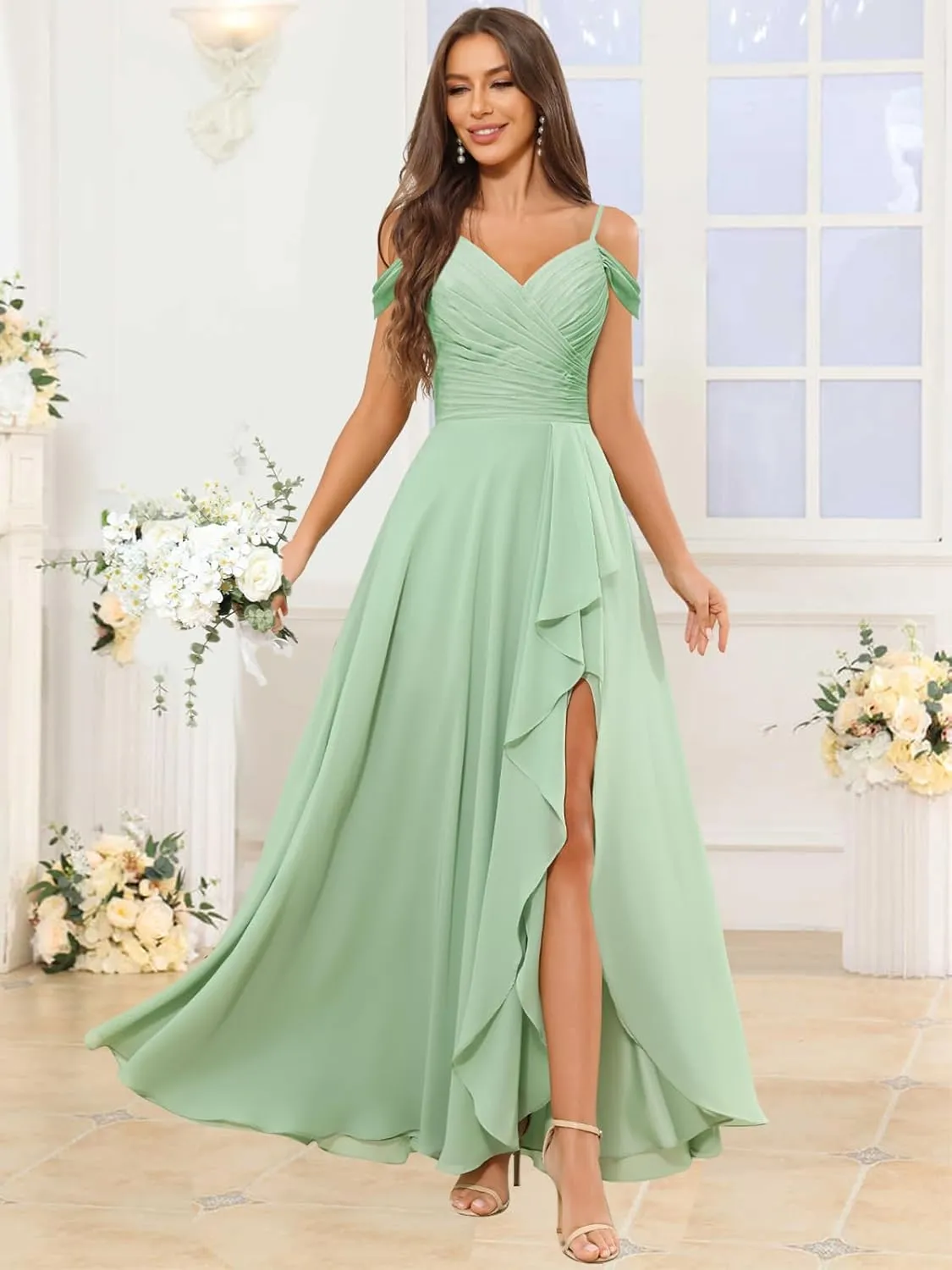 Women's Off The Shoulder Bridesmaid Dress with Slit Ruffle Chiffon Long Formal Wedding Guest Dress Evening Gown