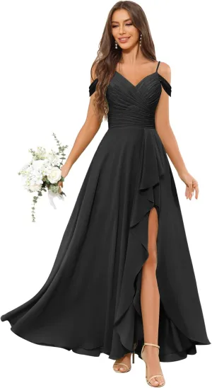 Women's Off The Shoulder Bridesmaid Dress with Slit Ruffle Chiffon Long Formal Wedding Guest Dress Evening Gown
