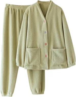 Womens Pajama 2 Piece Shaggy Long Sleeve Button Top Matching Elastic Waist Pajamas Pant Set Loungewear with Pockets
