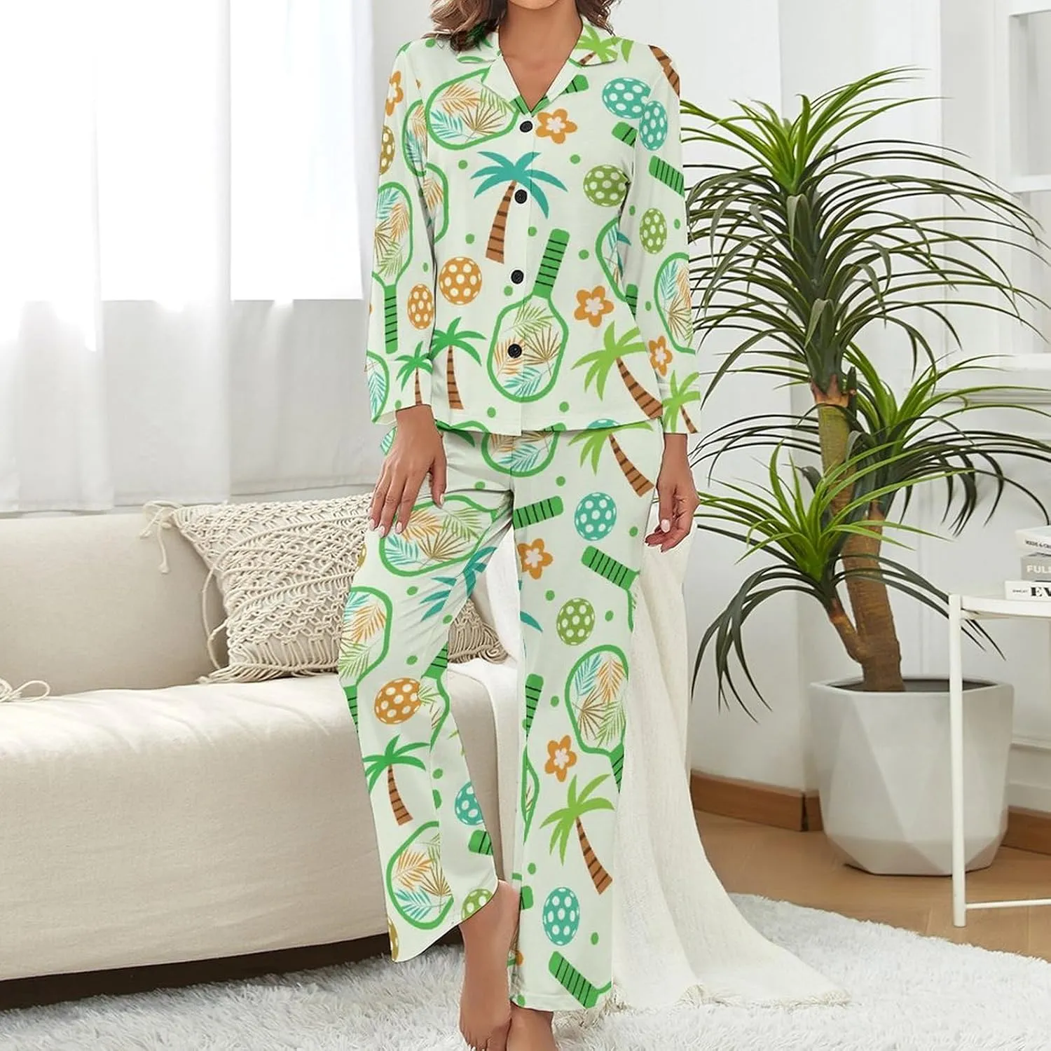 Women's Pajama Sets Pickleball Paddle Heart Long Sleeve Lounge Sets Pjs Sleepwear with Pockets