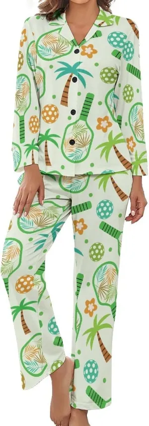 Women's Pajama Sets Pickleball Paddle Heart Long Sleeve Lounge Sets Pjs Sleepwear with Pockets