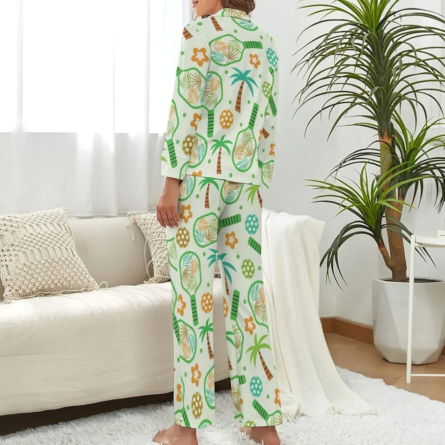 Women's Pajama Sets Pickleball Paddle Heart Long Sleeve Lounge Sets Pjs Sleepwear with Pockets