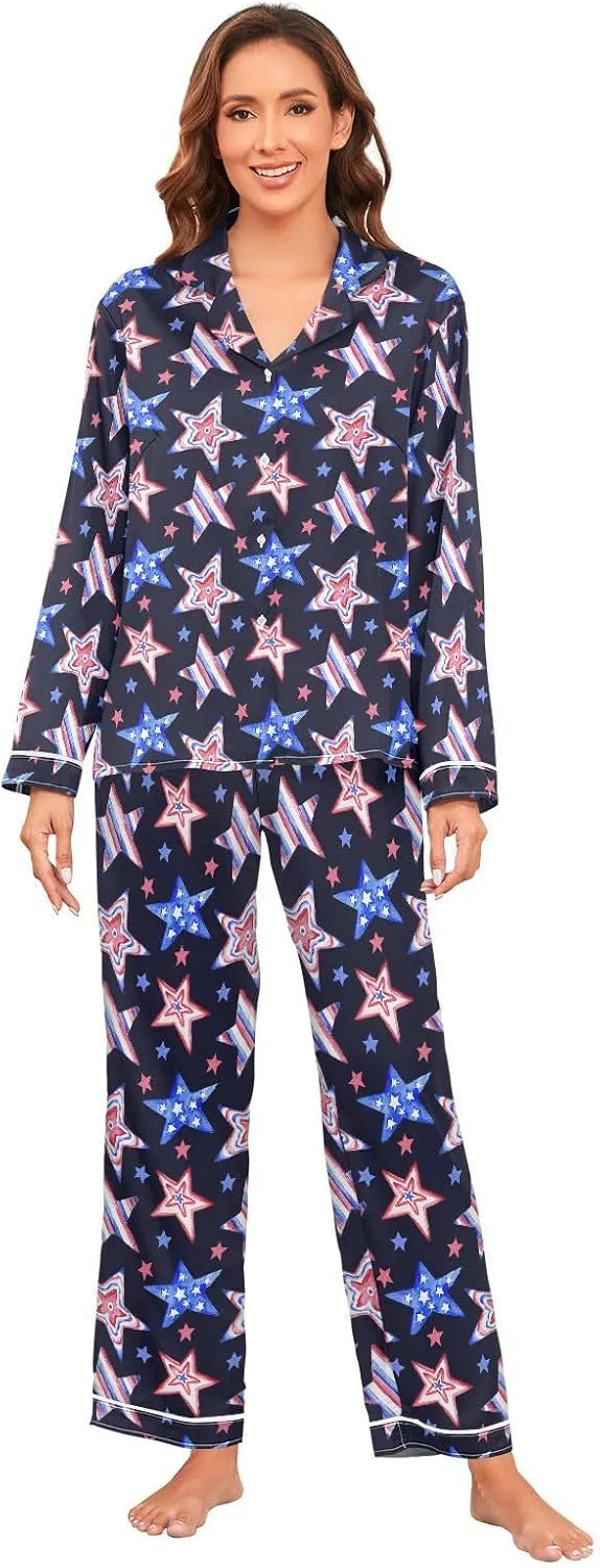 Womens Pajamas Set Satin Pajamas Set for Women Soft Long Sleeve Pj Set with Pockets S-XXL