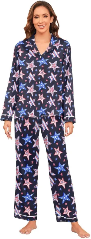 Womens Pajamas Set Satin Pajamas Set for Women Soft Long Sleeve Pj Set with Pockets S-XXL