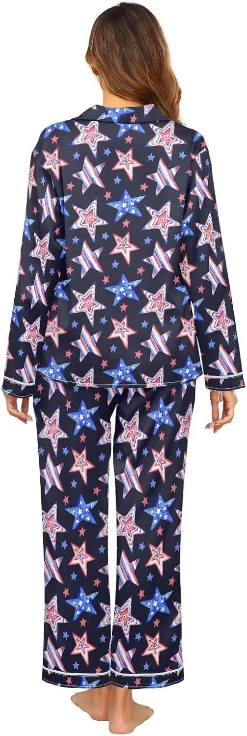 Womens Pajamas Set Satin Pajamas Set for Women Soft Long Sleeve Pj Set with Pockets S-XXL