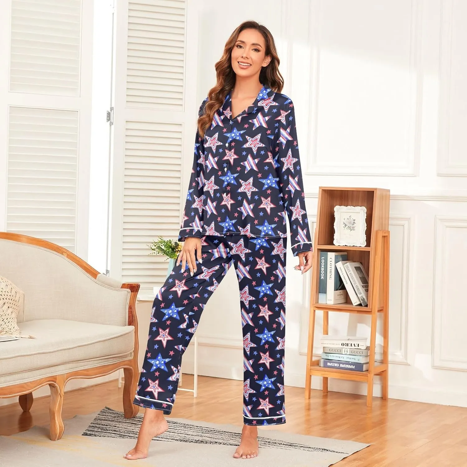 Womens Pajamas Set Satin Pajamas Set for Women Soft Long Sleeve Pj Set with Pockets S-XXL