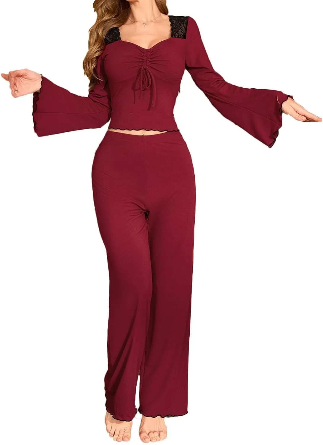 Women's Pajamas Set Sexy Lace Patchwork Sleepwear Drawstring Front Bell Sleeve Top and Pjs Bottom Long Pants Loungewear Sets