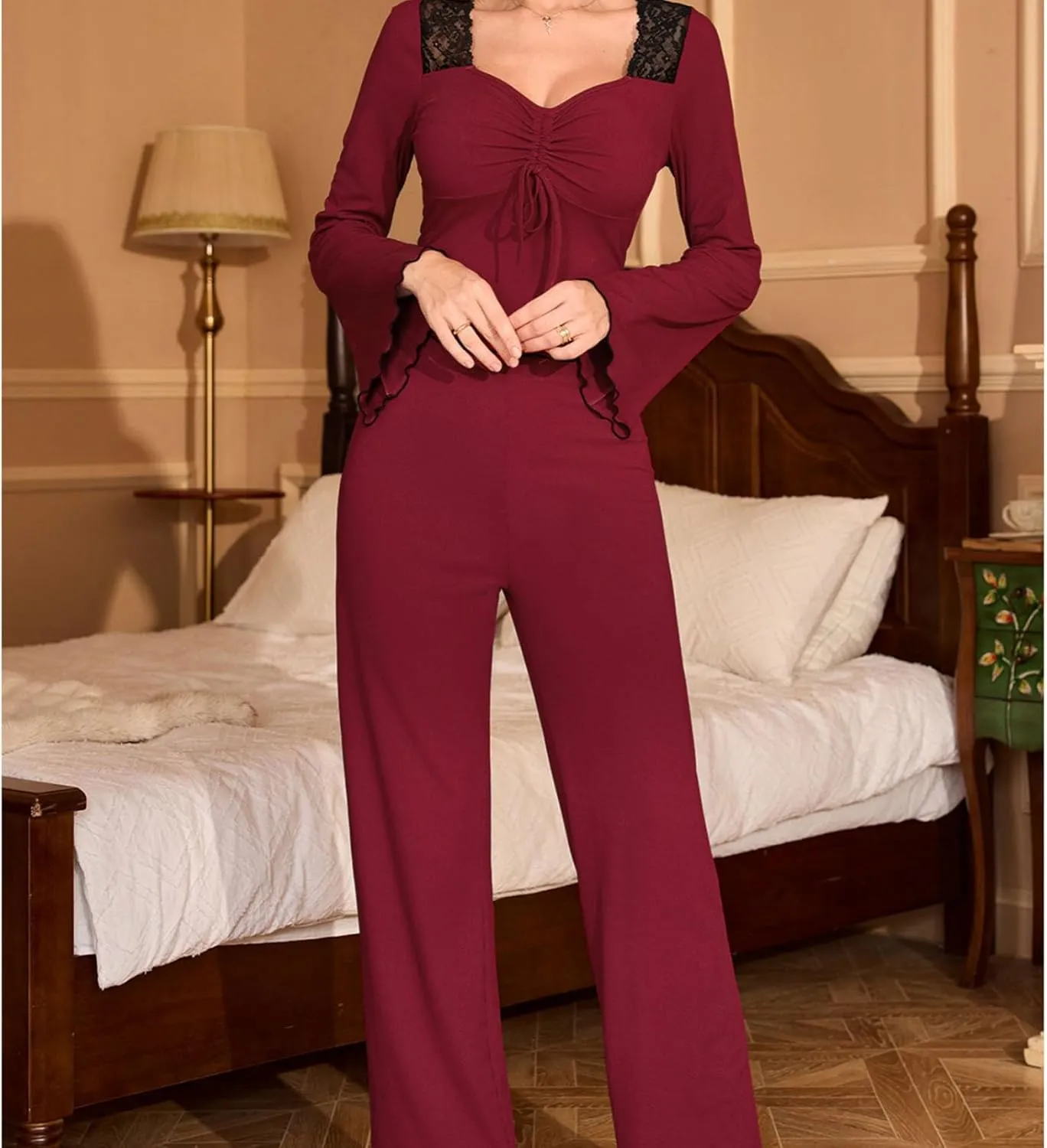Women's Pajamas Set Sexy Lace Patchwork Sleepwear Drawstring Front Bell Sleeve Top and Pjs Bottom Long Pants Loungewear Sets