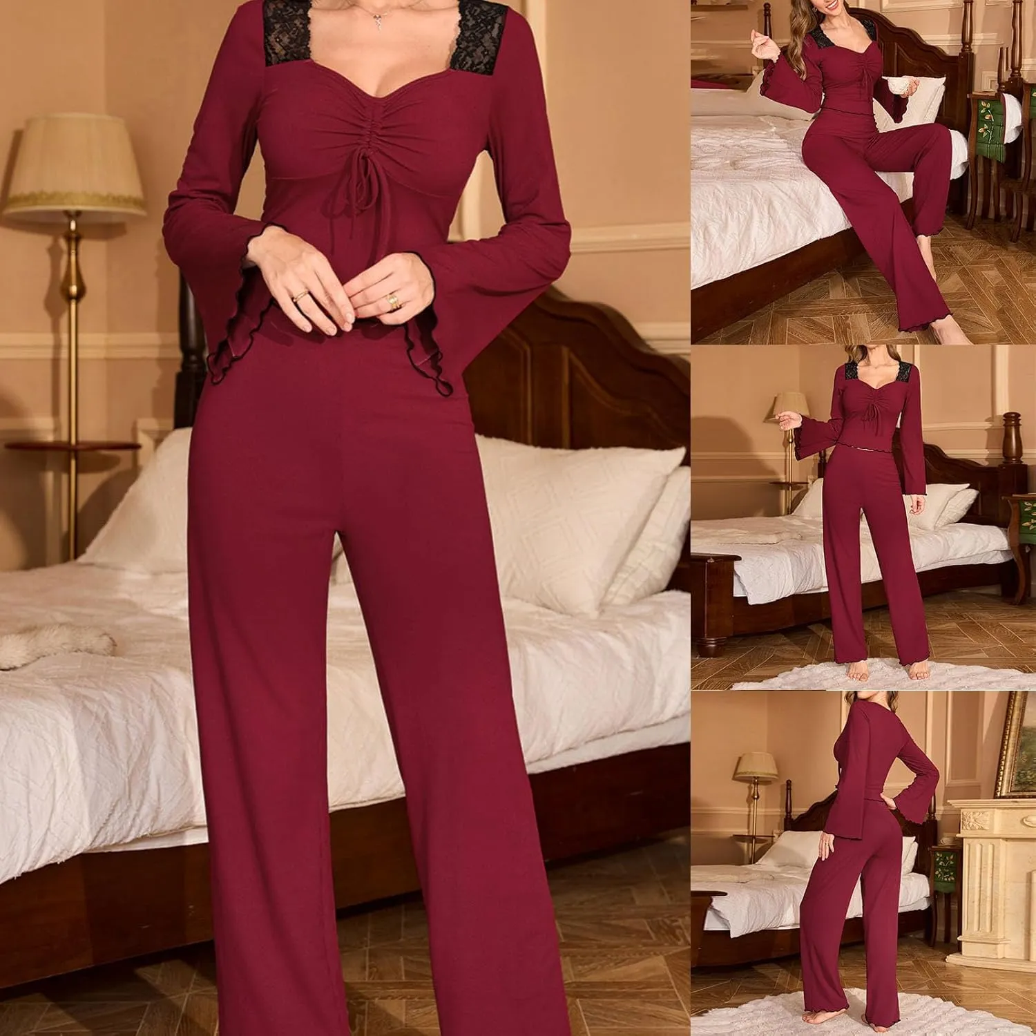 Women's Pajamas Set Sexy Lace Patchwork Sleepwear Drawstring Front Bell Sleeve Top and Pjs Bottom Long Pants Loungewear Sets