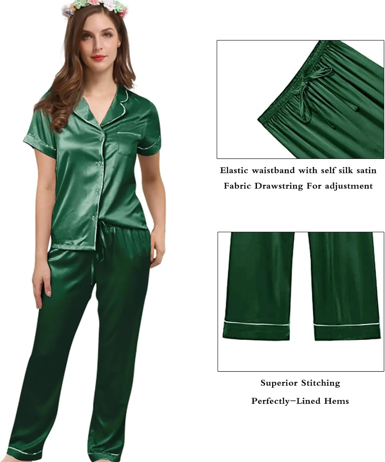 Womens Pajamas Set XS-4XL Silk Satin Pajama Sets Short Pj Sets Button Down Pjs Set Loungewear Sleepwear