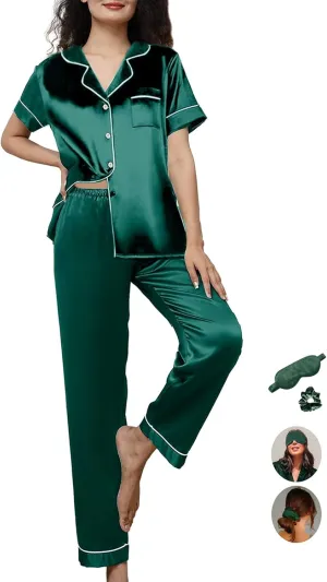 Womens Pajamas Set XS-4XL Silk Satin Pajama Sets Short Pj Sets Button Down Pjs Set Loungewear Sleepwear
