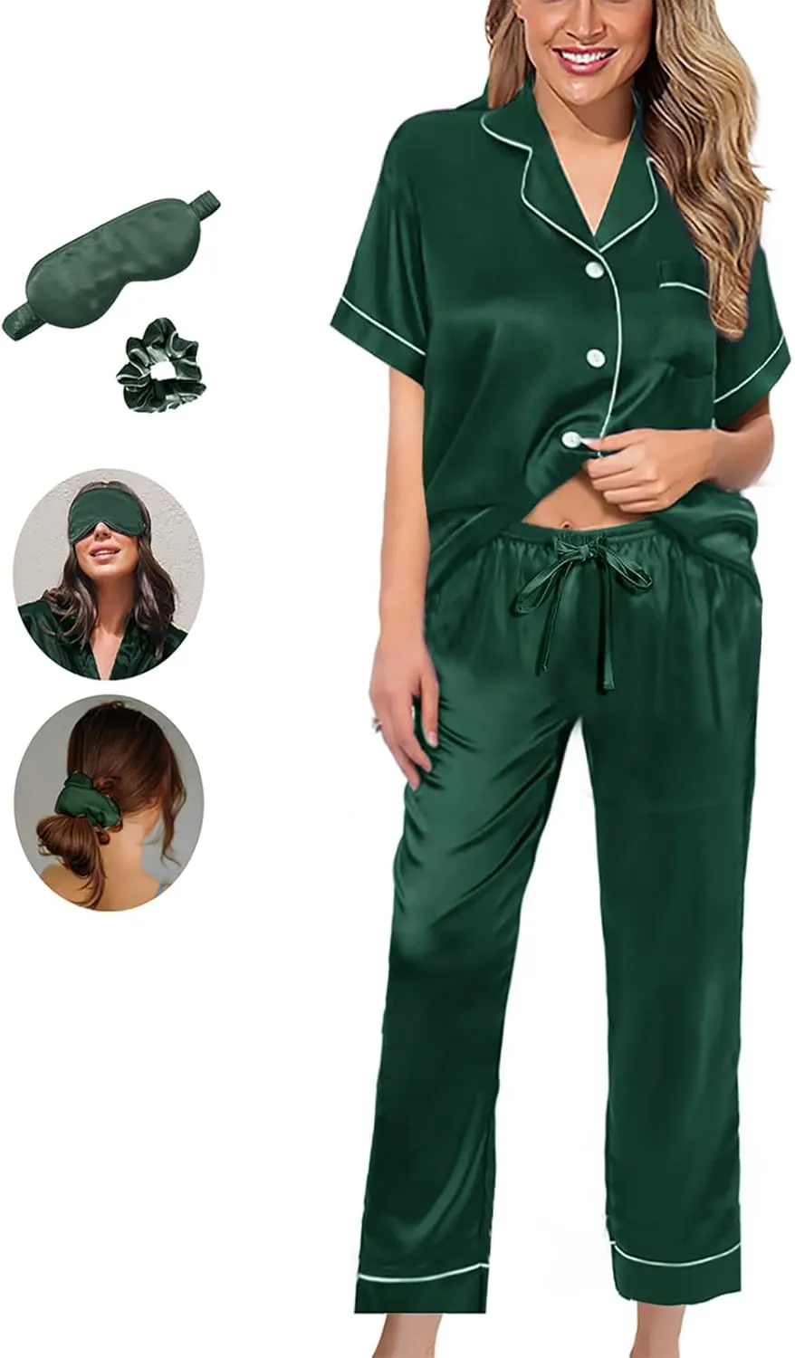 Womens Pajamas Set XS-4XL Silk Satin Pajama Sets Short Pj Sets Button Down Pjs Set Loungewear Sleepwear
