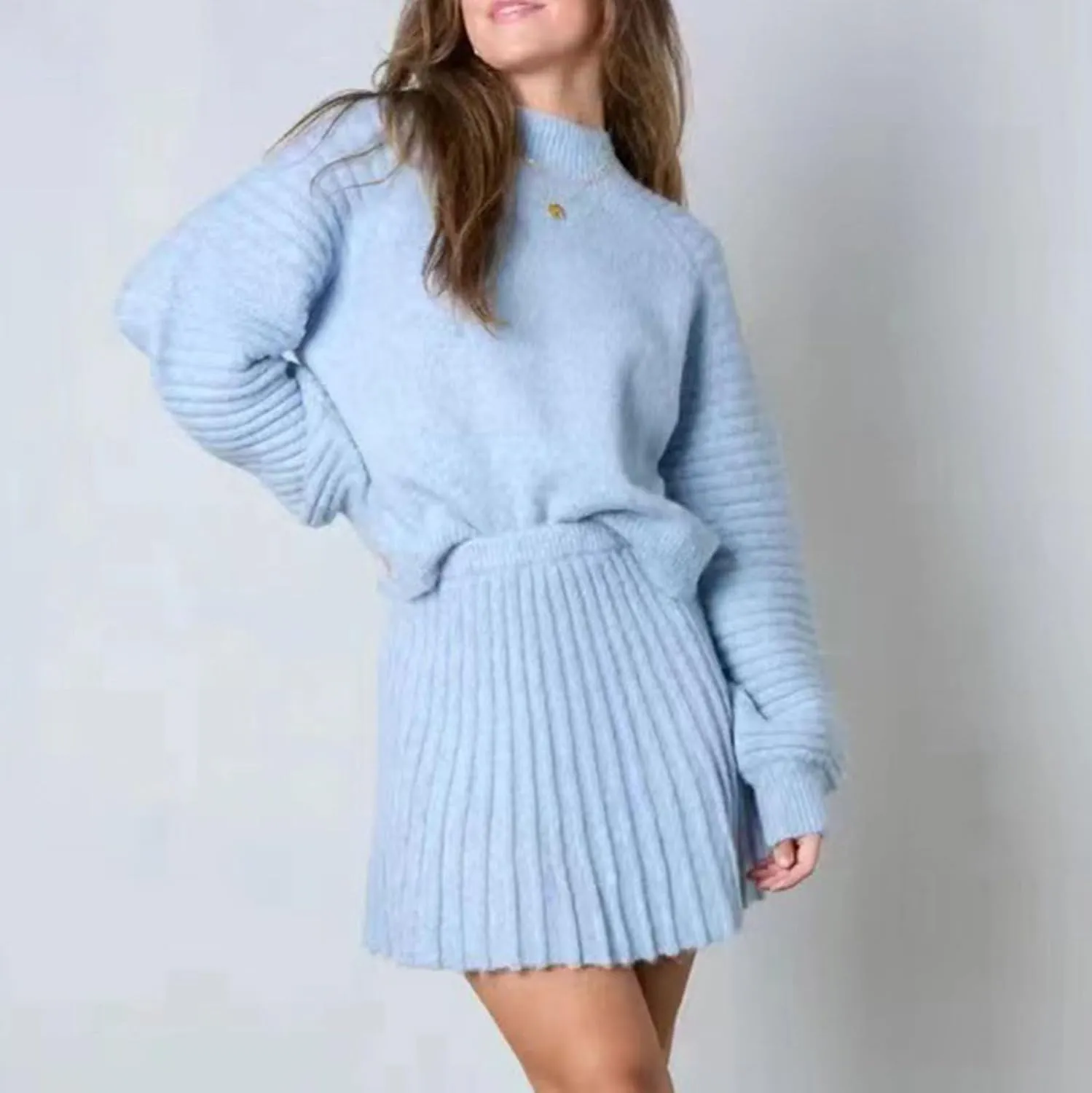 Women's Pleated Knit Skirt Set 2 Piece Outfits Long Sleeve Top Skirt Set Sweater Fall Winter Outfits, S-XL