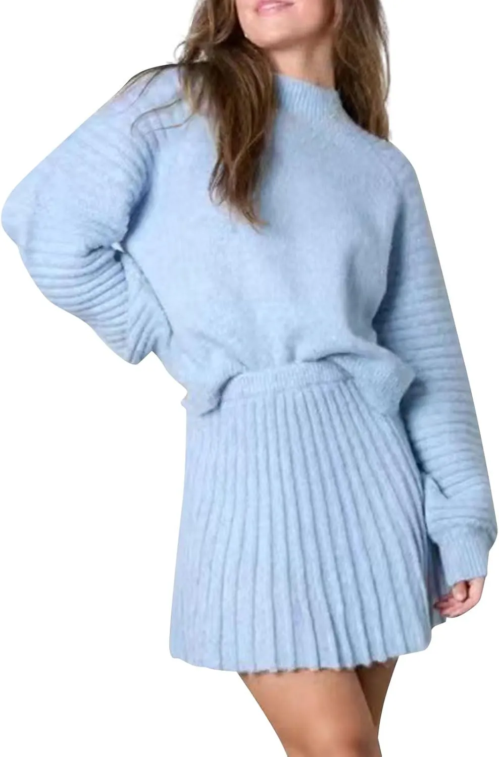 Women's Pleated Knit Skirt Set 2 Piece Outfits Long Sleeve Top Skirt Set Sweater Fall Winter Outfits, S-XL