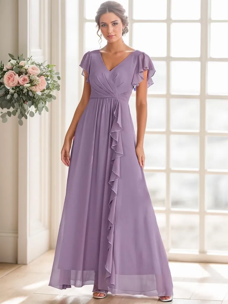 Women's Ruffle Sleeve Bridesmaid Dresses for Wedding A Line Chiffon Pleated Formal Dress