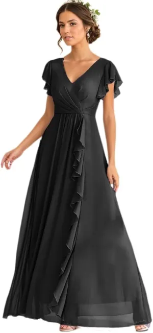Women's Ruffle Sleeve Bridesmaid Dresses for Wedding A Line Chiffon Pleated Formal Dress