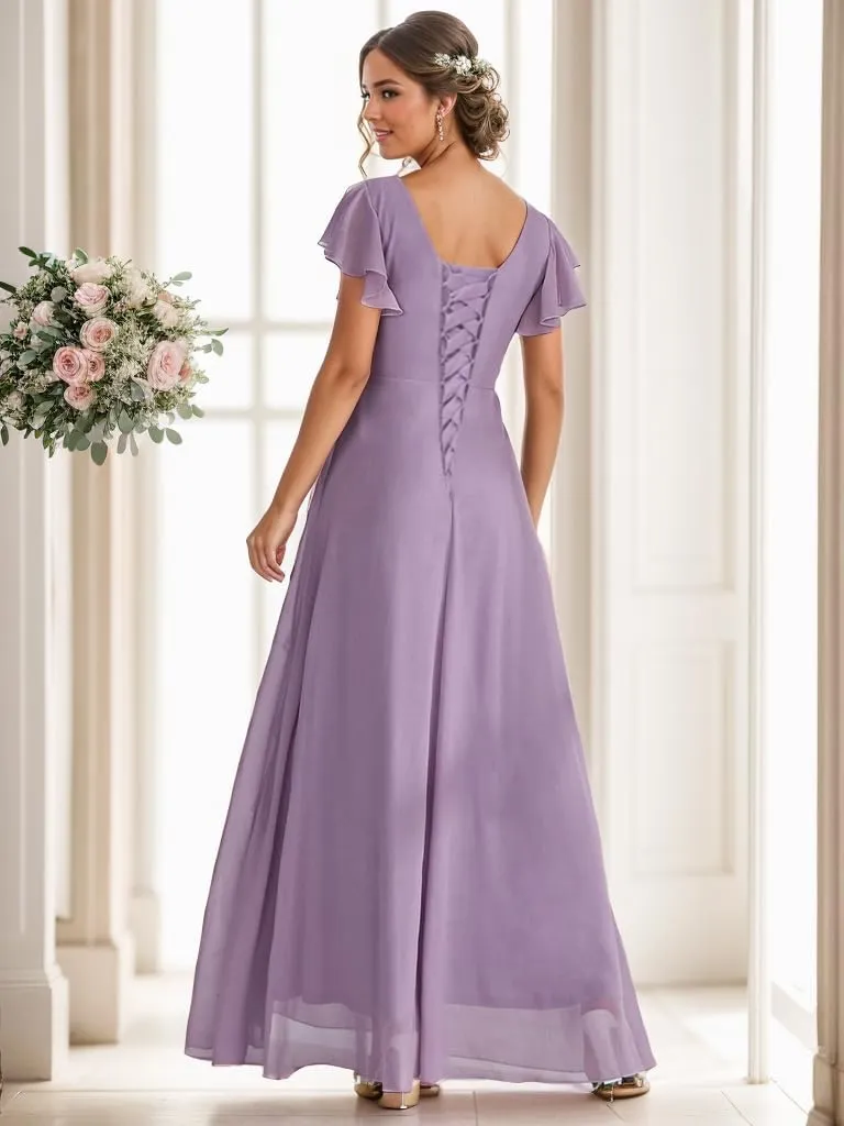 Women's Ruffle Sleeve Bridesmaid Dresses for Wedding A Line Chiffon Pleated Formal Dress