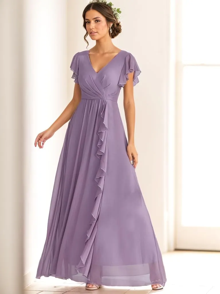 Women's Ruffle Sleeve Bridesmaid Dresses for Wedding A Line Chiffon Pleated Formal Dress