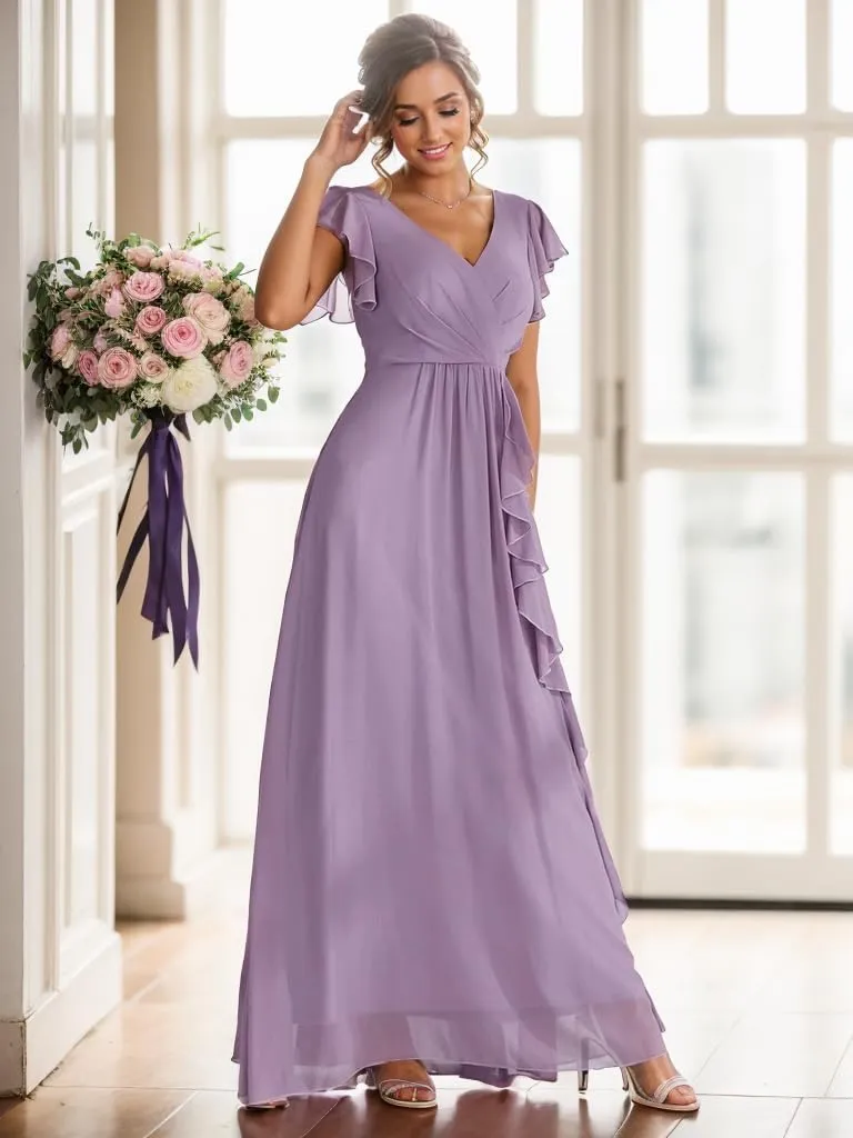 Women's Ruffle Sleeve Bridesmaid Dresses for Wedding A Line Chiffon Pleated Formal Dress