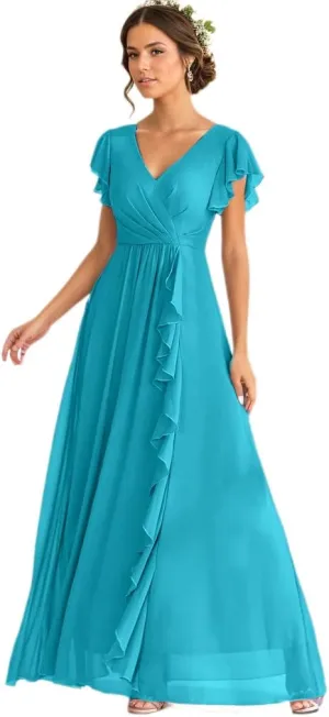 Women's Ruffle Sleeve Bridesmaid Dresses for Wedding A Line Chiffon Pleated Formal Dress
