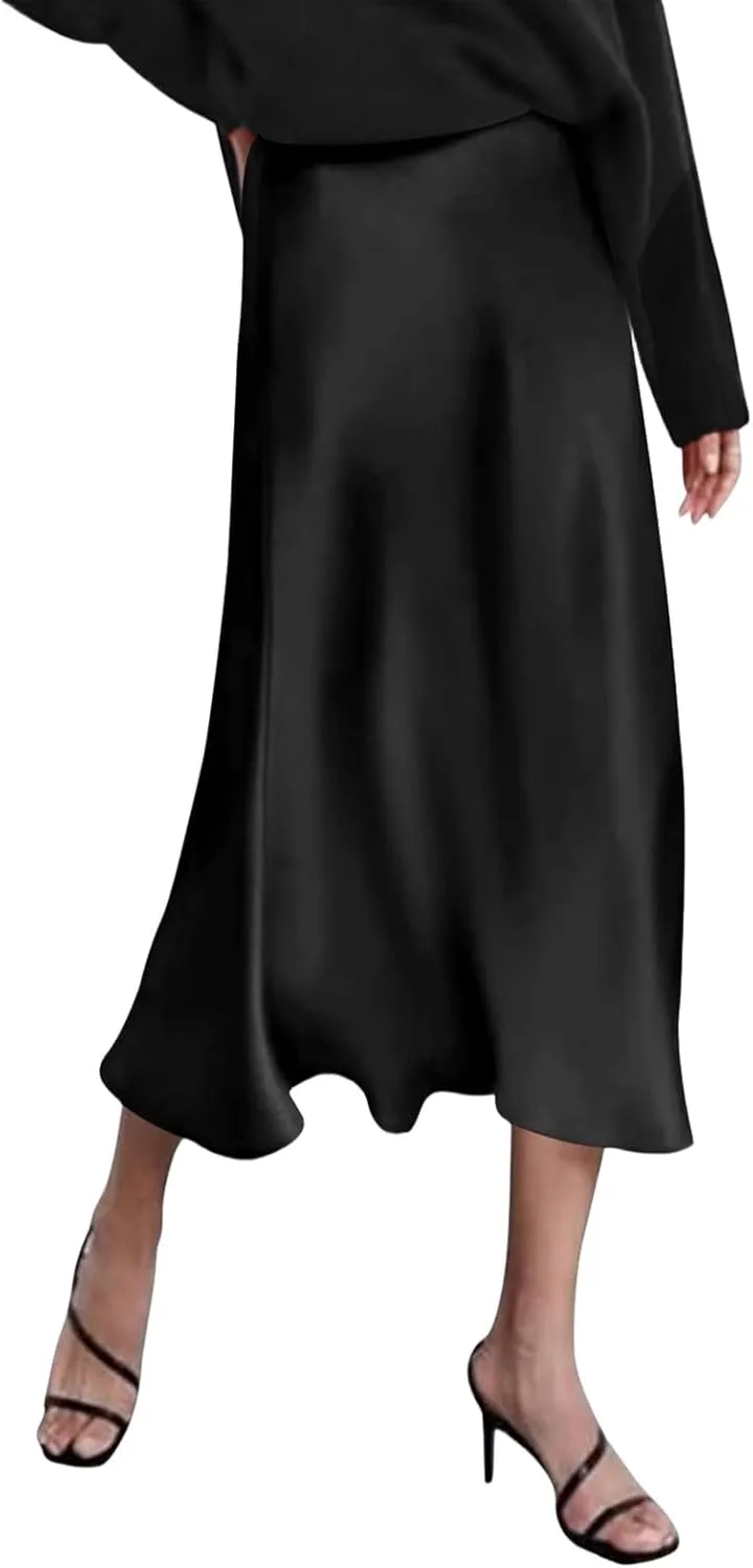 Womens Satin High Waist Skirt Summer Silk Elegant A Line Long Skirts 2025 Sexy Cocktail Party Wedding Midi Skirt