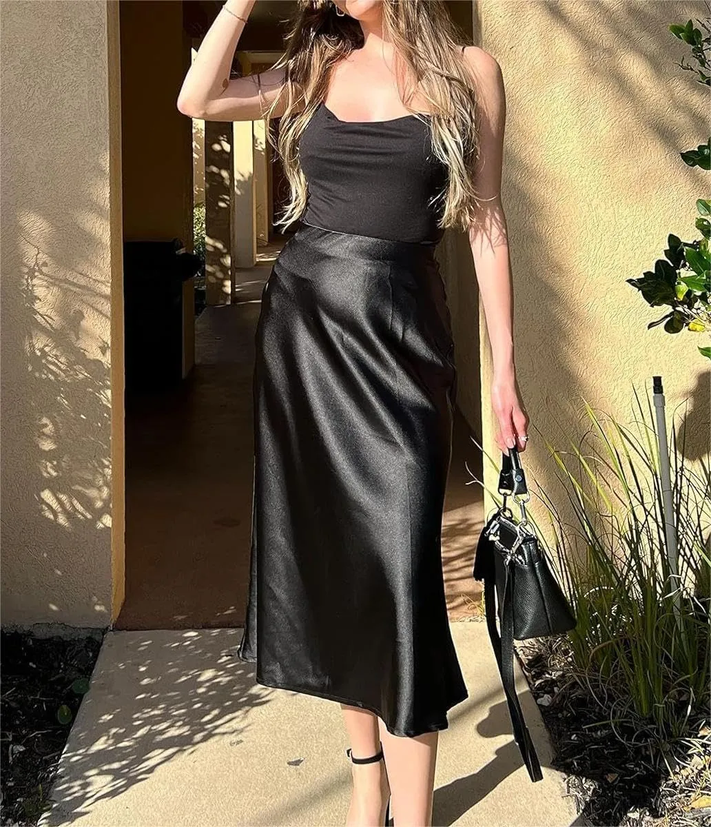Womens Satin High Waist Skirt Summer Silk Elegant A Line Long Skirts 2025 Sexy Cocktail Party Wedding Midi Skirt