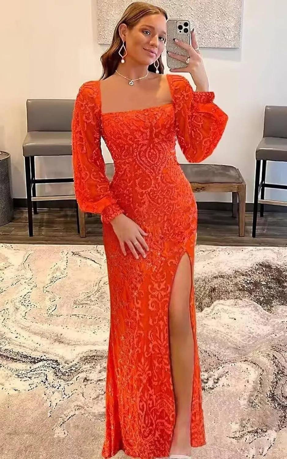 Women's Sequin Mermaid Prom Dresses with Puffy Sleeves 2025 Long Formal Evening Gowns with Slit