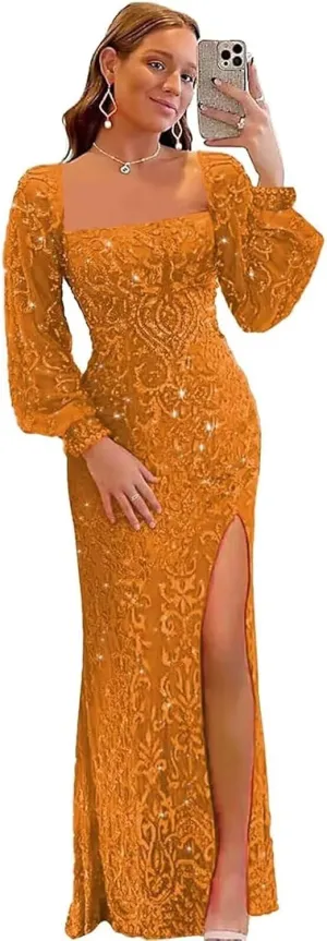 Women's Sequin Mermaid Prom Dresses with Puffy Sleeves 2025 Long Formal Evening Gowns with Slit