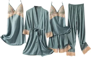 Women's Sexy Lace Pajamas Set Casual Loungewear 5 Piece Sleep Robe Camisole Slip Nightdress Shorts and Pants Sets