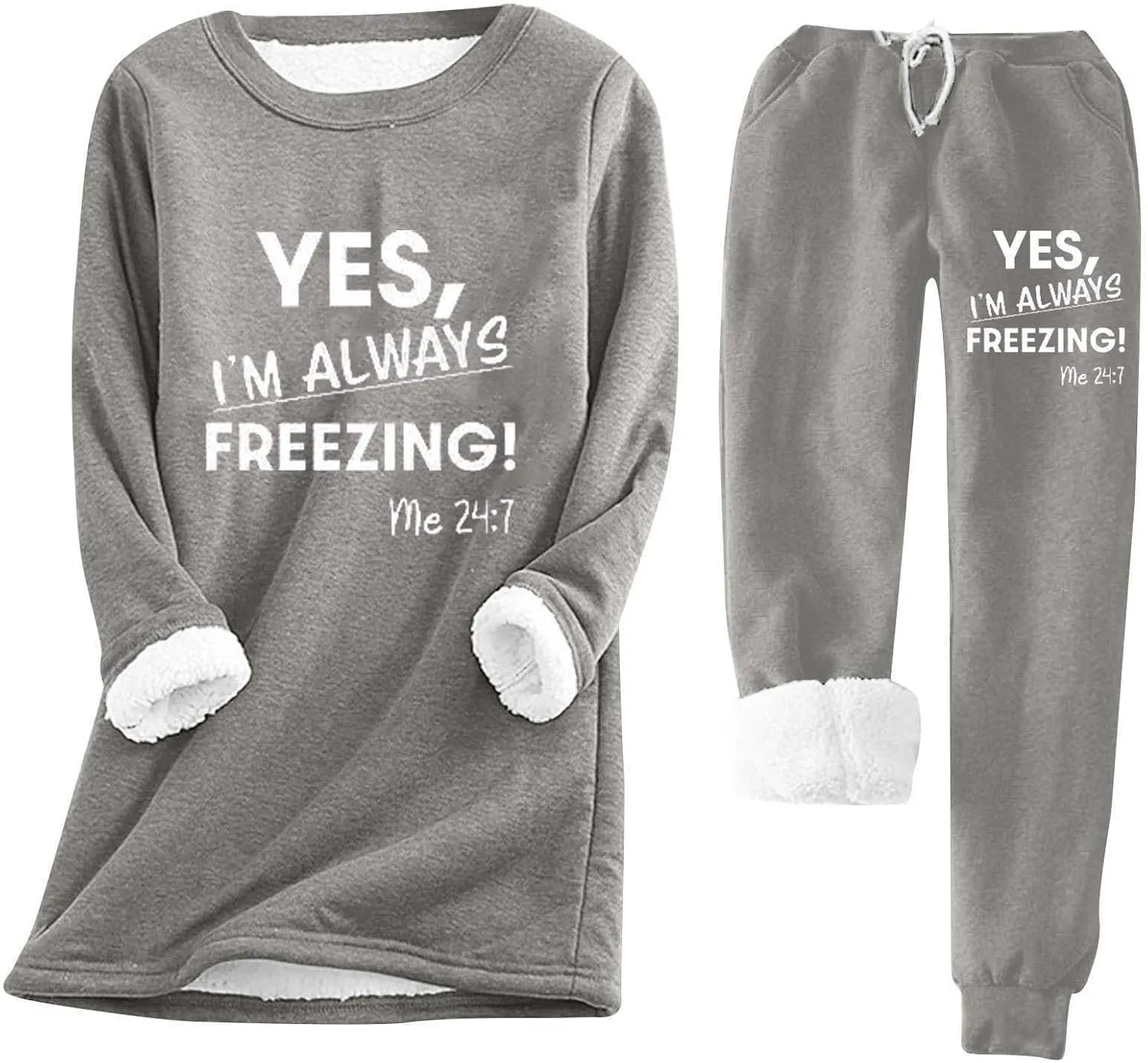 Womens Sherpa Fleece Sweatsuit Yes I'm Still Freezing Me Pajamas Loungewear Set Two Piece Sweatshirt Sweatpant