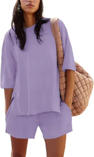 Womens Shorts Sets 2 Piece Outfits Summer 2025 Half Sleeve Crew Neck Cotton Lounge Sets Matching Clothing