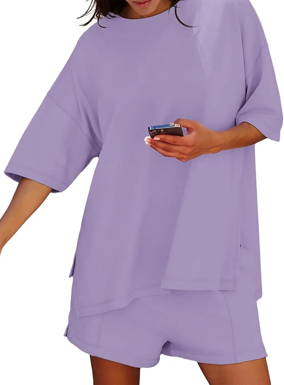 Womens Shorts Sets 2 Piece Outfits Summer 2025 Half Sleeve Crew Neck Cotton Lounge Sets Matching Clothing