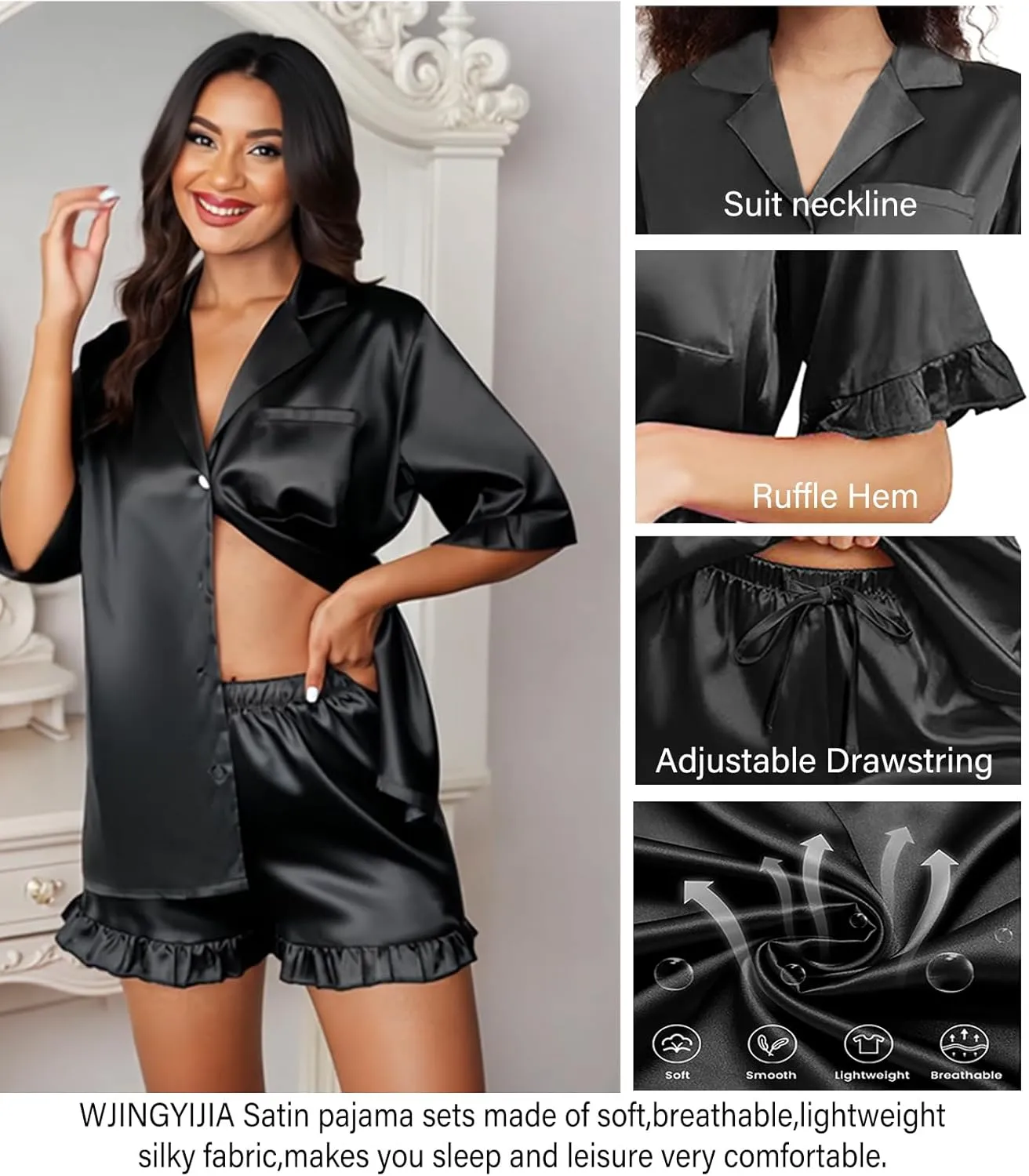 Womens Silk Pajamas Set XS-4XL Button Down Satin Pajama Sets Silky Pj Set Ruffle Sleepwear Lounge Set Nightwear