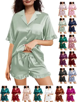 Womens Silk Pajamas Set XS-4XL Button Down Satin Pajama Sets Silky Pj Set Ruffle Sleepwear Lounge Set Nightwear