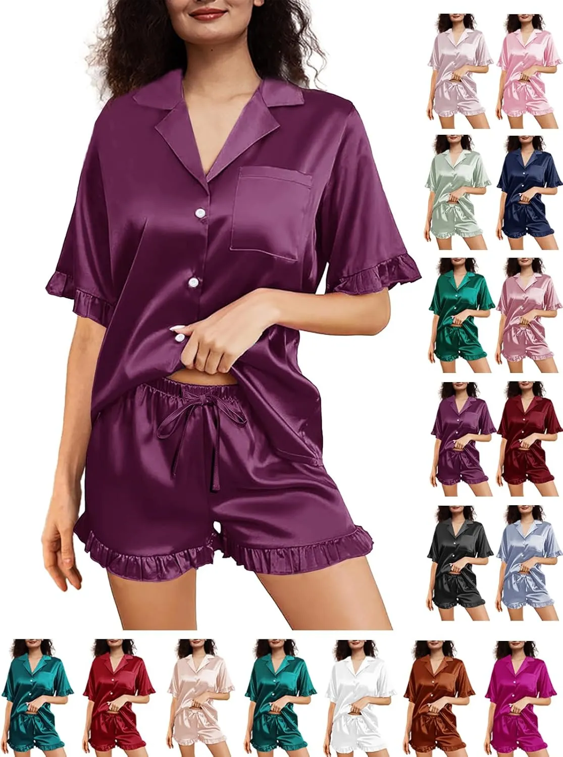 Womens Silk Pajamas Set XS-4XL Button Down Satin Pajama Sets Silky Pj Set Ruffle Sleepwear Lounge Set Nightwear