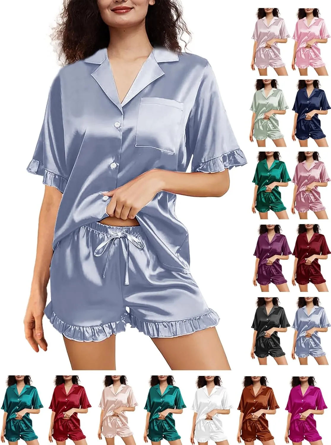Womens Silk Pajamas Set XS-4XL Button Down Satin Pajama Sets Silky Pj Set Ruffle Sleepwear Lounge Set Nightwear