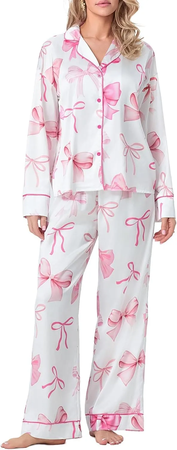 Womens Silk Satin Pajamas Set Floral Printed Long Sleeve Button Down Shirt Wide Leg Pants Set Sleepwear Loungewear