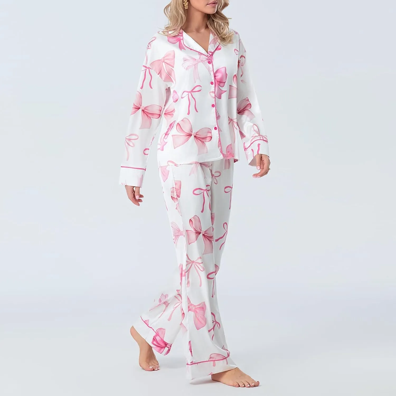 Womens Silk Satin Pajamas Set Floral Printed Long Sleeve Button Down Shirt Wide Leg Pants Set Sleepwear Loungewear