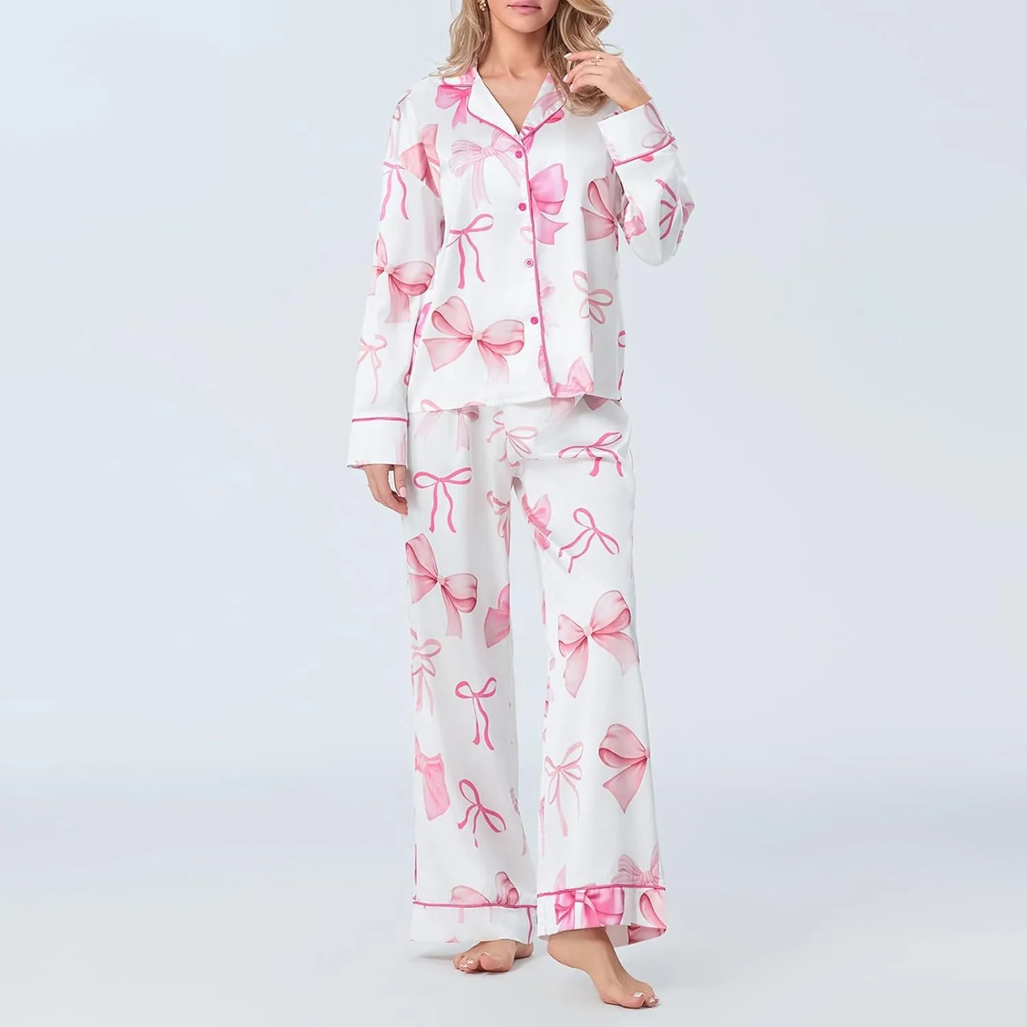 Womens Silk Satin Pajamas Set Floral Printed Long Sleeve Button Down Shirt Wide Leg Pants Set Sleepwear Loungewear