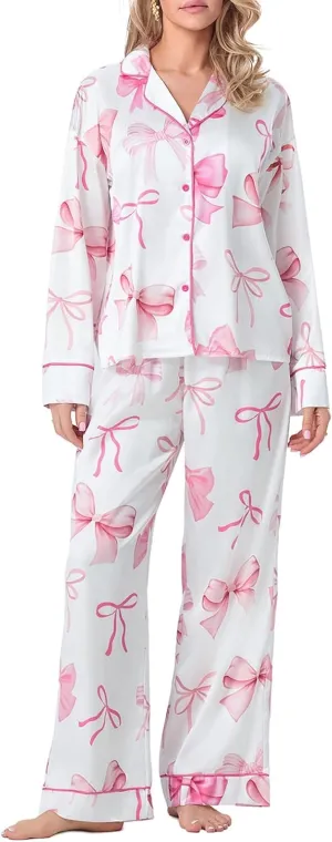 Womens Silk Satin Pajamas Set Floral Printed Long Sleeve Button Down Shirt Wide Leg Pants Set Sleepwear Loungewear