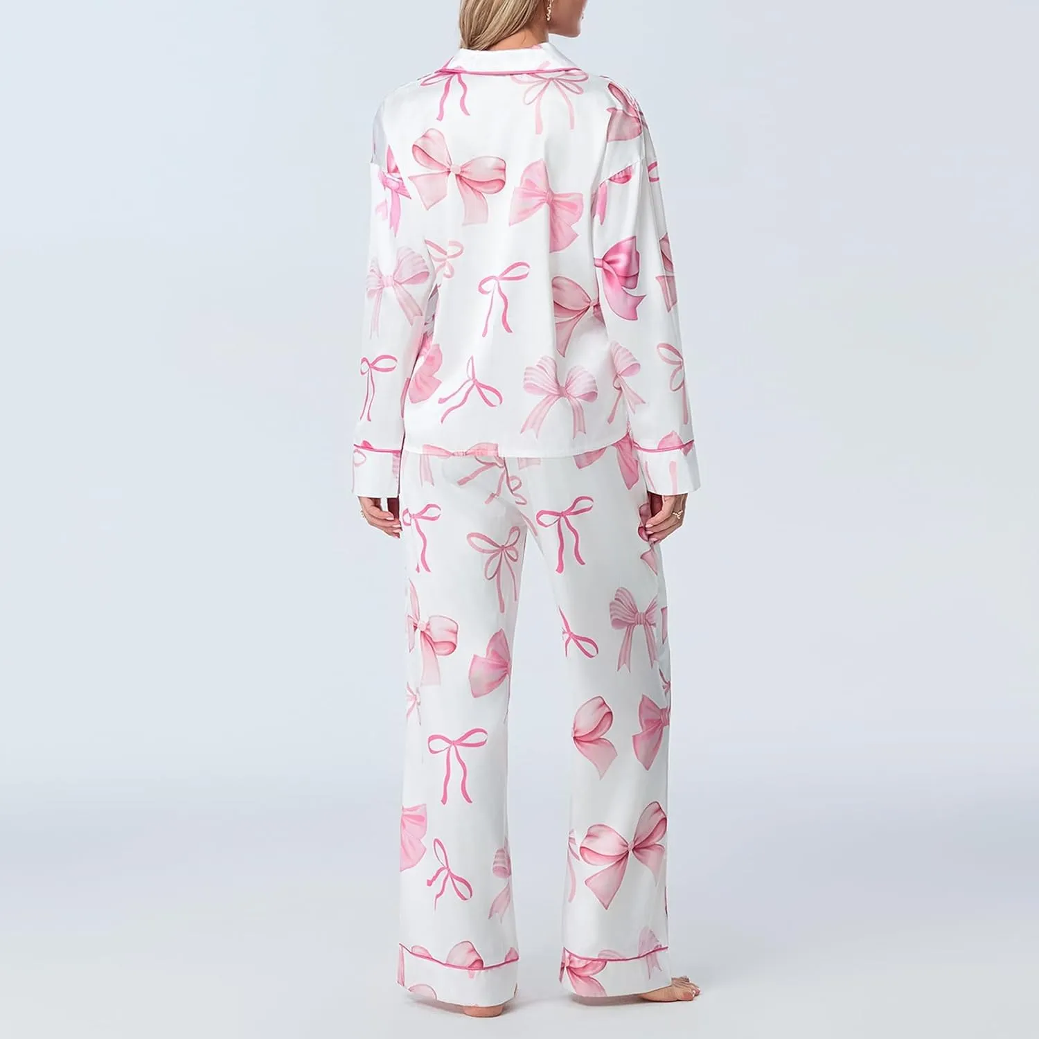Womens Silk Satin Pajamas Set Floral Printed Long Sleeve Button Down Shirt Wide Leg Pants Set Sleepwear Loungewear