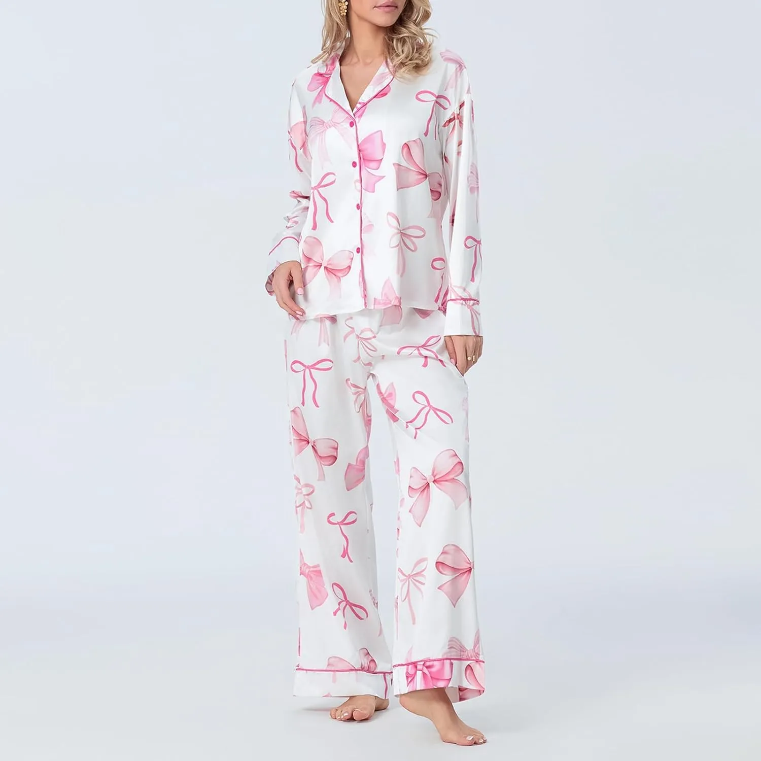 Womens Silk Satin Pajamas Set Floral Printed Long Sleeve Button Down Shirt Wide Leg Pants Set Sleepwear Loungewear