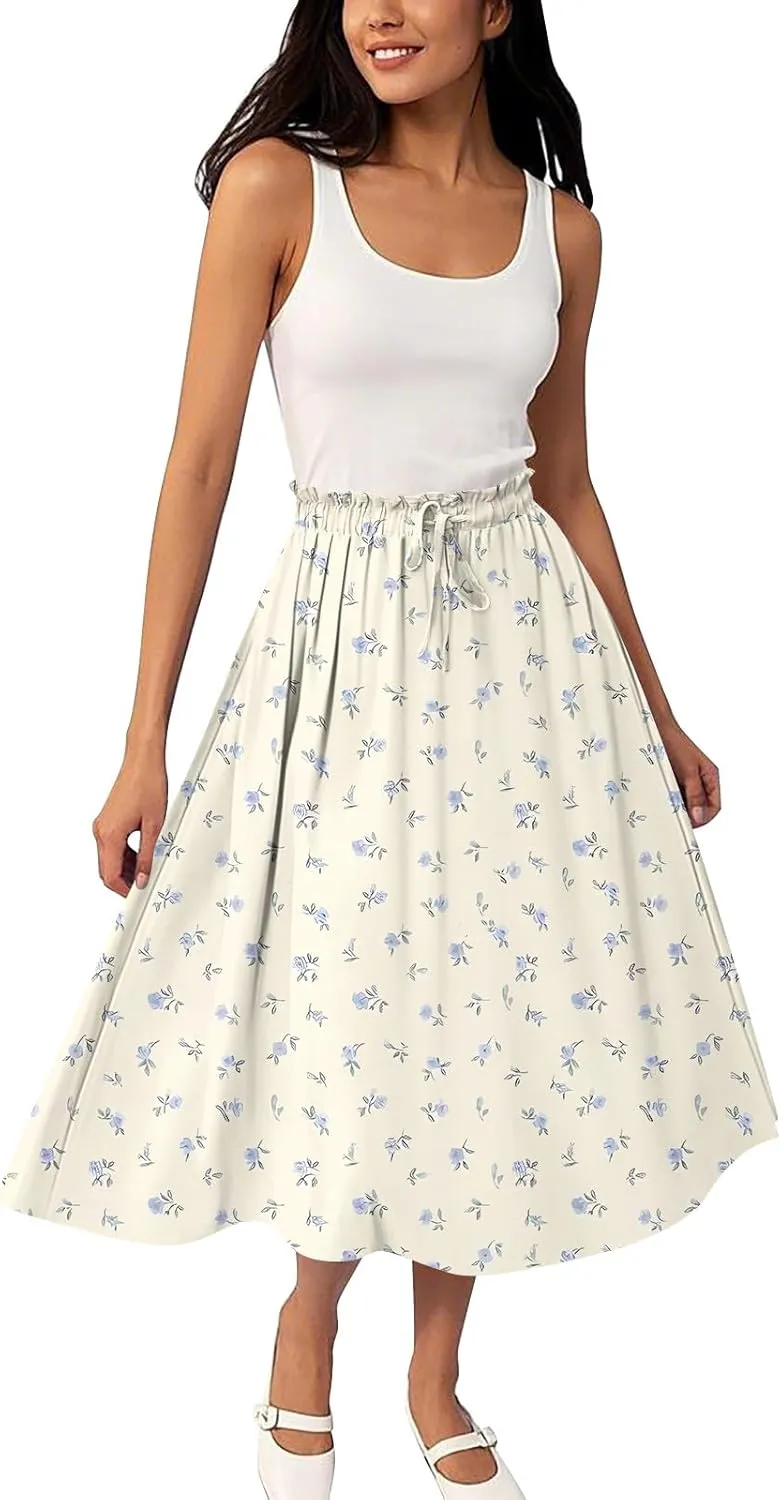 Womens Skirts Midi Length Flowy Summer Drawstring Elastic High Waist Knee Skirt A Line Floral Pleated Skirts