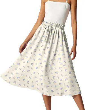 Womens Skirts Midi Length Flowy Summer Drawstring Elastic High Waist Knee Skirt A Line Floral Pleated Skirts