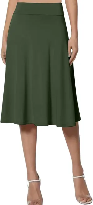 Women's Solid Basic Lightweight Midi Skirts Flare Knee Length Skirt Elastic Waist Office Pleated Skirt
