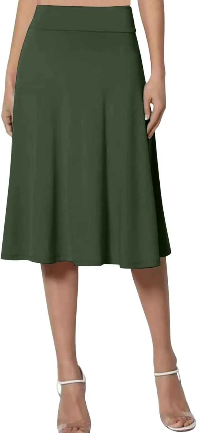 Women's Solid Basic Lightweight Midi Skirts Flare Knee Length Skirt Elastic Waist Office Pleated Skirt